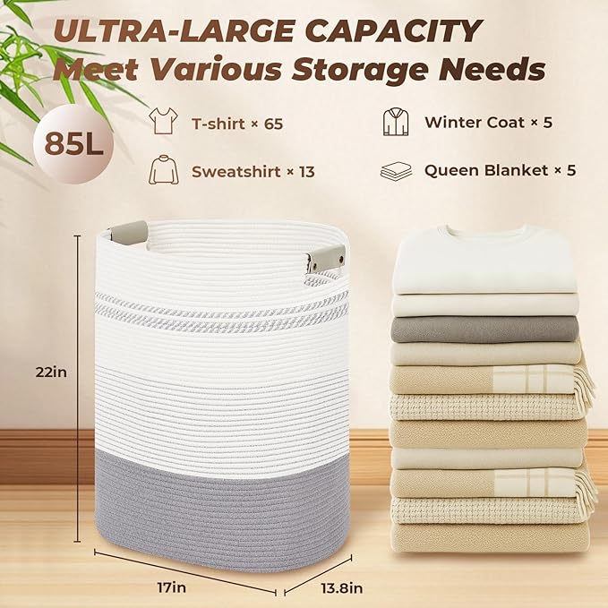 Laundry Basket with Handles - Blanket Basket & Hampers for Bedroom Aesthetic, Laundry Hamper & Blanket Storage for Living Room, Clothes Hamper, Tall, Large 17" x 14" x 22”, Grey