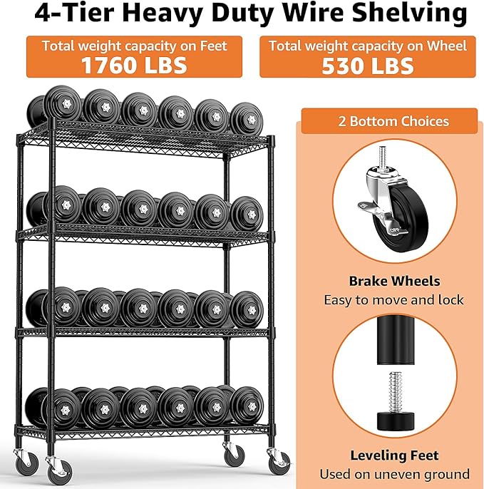 Industrial Metal 4 Tier Shelving for Garage, Pantry, Warehouse, Basement Utility Room, Storage Rack Metal Shelving Unit, Shelf Organizer, Black 23.6" D x 53.2" W x 73.6" H