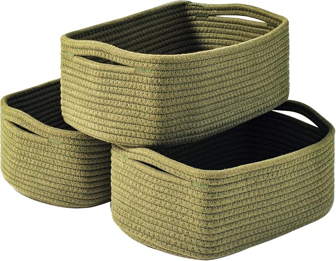 Small Green Storage Baskets for Organizing Shelves, Cute Woven Baskets for Storage, Organizer Basket for Decor, Gift Basket, 13"×8.5"×5.1" (3 Packs) Green