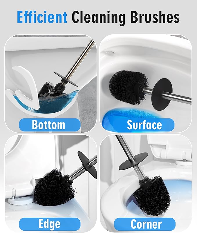 Ceramic Toilet Brush & Holder Set - Freestanding Deep-Cleaning Toilet Bowl Cleaner Brush, Stainless Steel Handle, Small & Sturdy for Storage, Easy to Clean, Non-Scratching