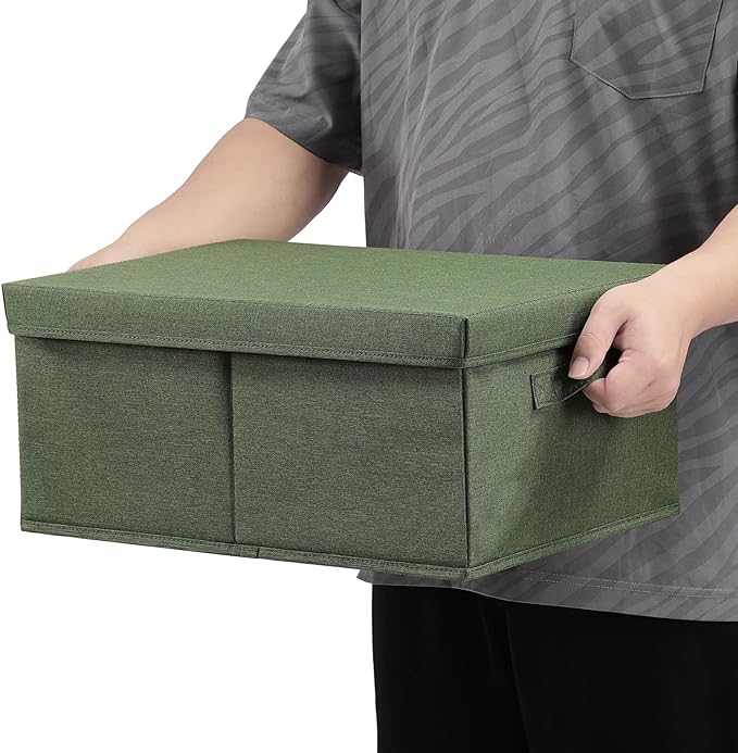 HOONEX Storage Bins with Lids for Organizing, Pack of 2, Storage Boxes with 2 Carrying Handles and Sturdy Heavy Cardboard, 16.5" L x 11.8" W x 7.5" H for Shoes, Books, Clothes, Olive