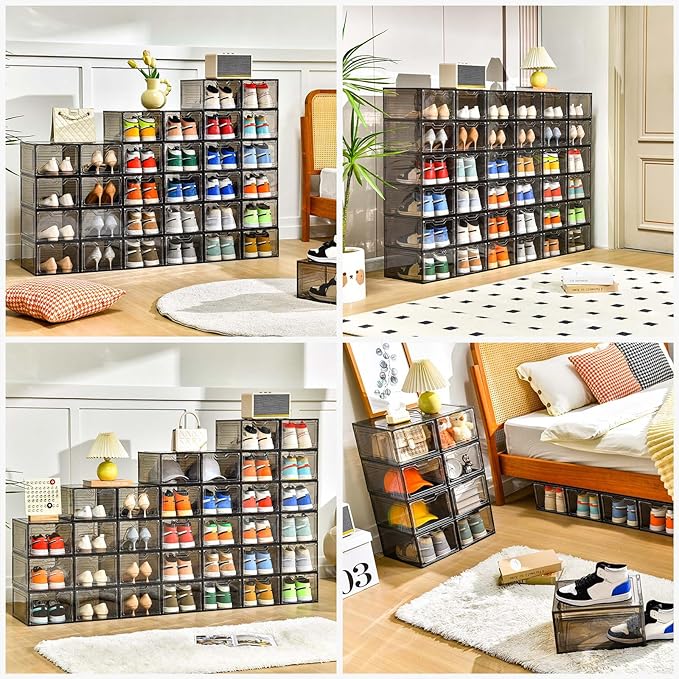 12 Pack Shoe Boxes Shoes Organizer, Shoe Storage Organizer Boxes with Magnetic Door, Clear Shoe Organizers Sneaker Storage Shoe Box for Women/Men, Fit up to US Size 12