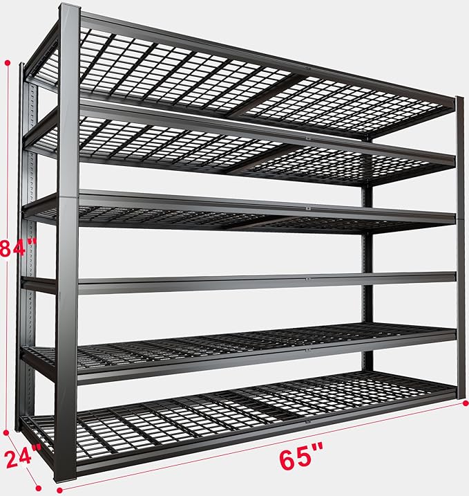65" W Garage Shelving Heavy Duty, 6 Tier Garage Shelves, Adjustable Storage Shelving Unit, Commercial Metal Shelf Rack for Warehouse, Pantry, School, Shop