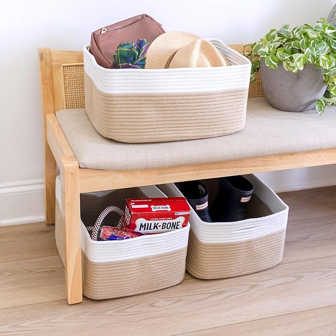 NaturalCozy Storage Baskets 16.8”x13”x7.6” Cotton Rope Woven Baskets for Organizing 3-Pack | Toy Storage Bins | Basket for Shelves, Laundry, Blanket, Clothes, Closet, Kitchen, Bathroom, Gifts