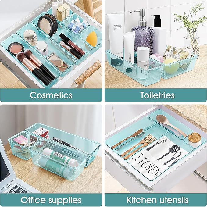 WOWBOX 25 PCS Plastic Drawer Organizer Set, 4 Sizes Desk Drawer Divider Organizers and Storage Bins for Makeup, Jewelry, Gadgets for Kitchen, Bedroom, Bathroom, Office, Sea Blue