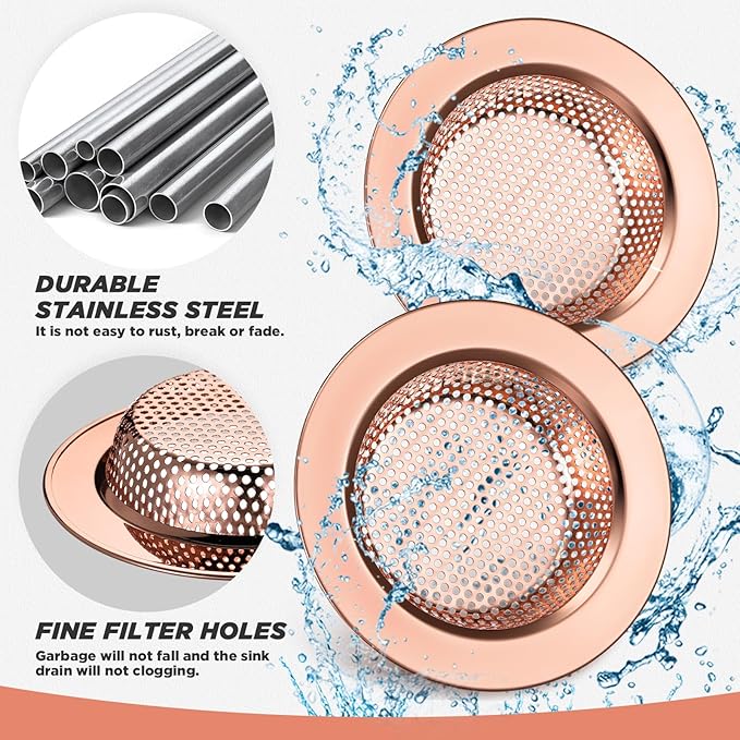 Retisee 2 Pcs Sink Strainer Stainless Steel Kitchen Sink Drain Strainer Basket Cover Mesh Hair Food Catcher, Large Wide Rim of 4.4 Diameter(Rose Gold)