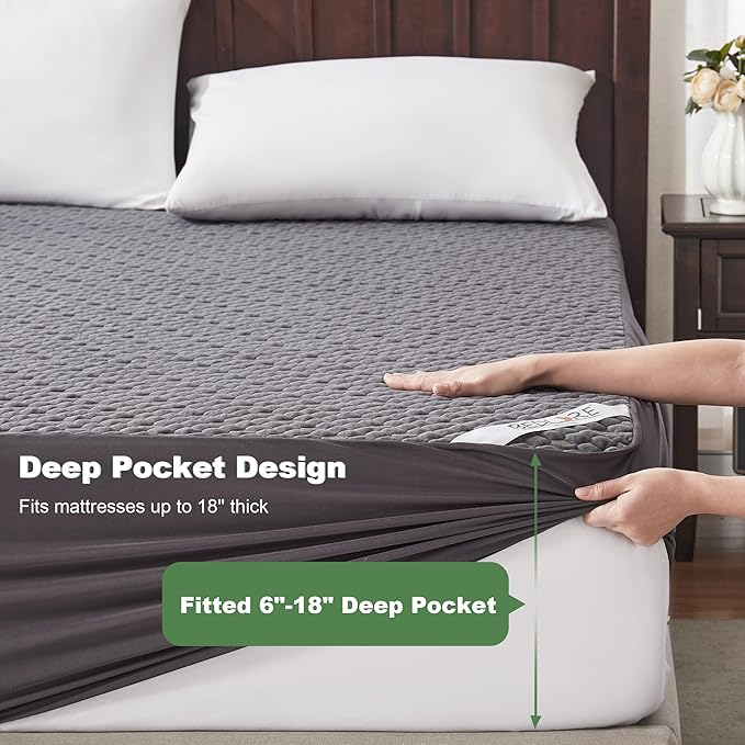 Waterproof Mattress Protector, Queen Size Mattress Pad Fitted 6"-18" Deep Pocket, 3D Air Fabric Breathable Bed Mattress Cover Noiseless Washable for Bedroom, Hotel(Carbon Gray)
