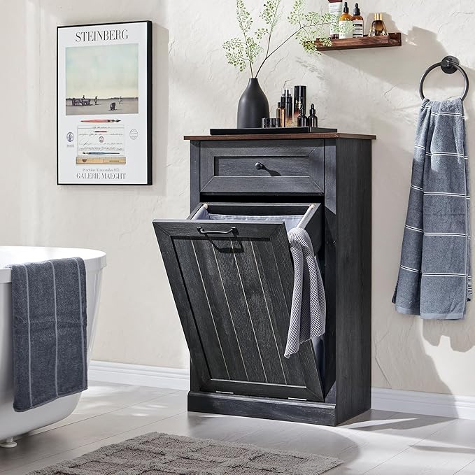 Tilt Out Laundry Hamper Cabinet, 10 Gallon Farmhouse Trash Can Cabinet with Drawer, Hidden Wood Garbage Can Bin Cabinet with Laundry Storage Basket for Bathroom, Kitchen, Dark Grey