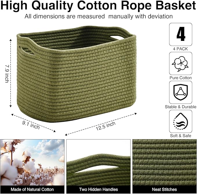 Storage Basket for Shelves, Small Baskets for Organizing, Woven Cotton Rope Baskets for Storage, Book Basket, Decorative Shelf Basket, 12.5"Lx9.1''Wx7.9''H (4 Packs) Green
