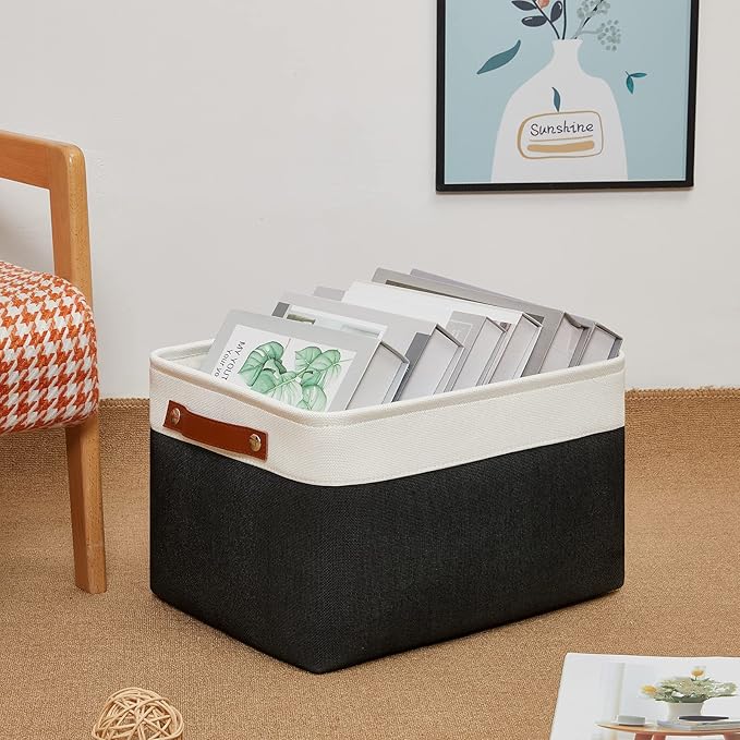 DULLEMELO Linen Closet Organizer and Storage Basket for Office, Bedroom, Cloth, Baskets for Organizing and Storage with handles for Shelves,Closet,Gift,Toys(White&Black)