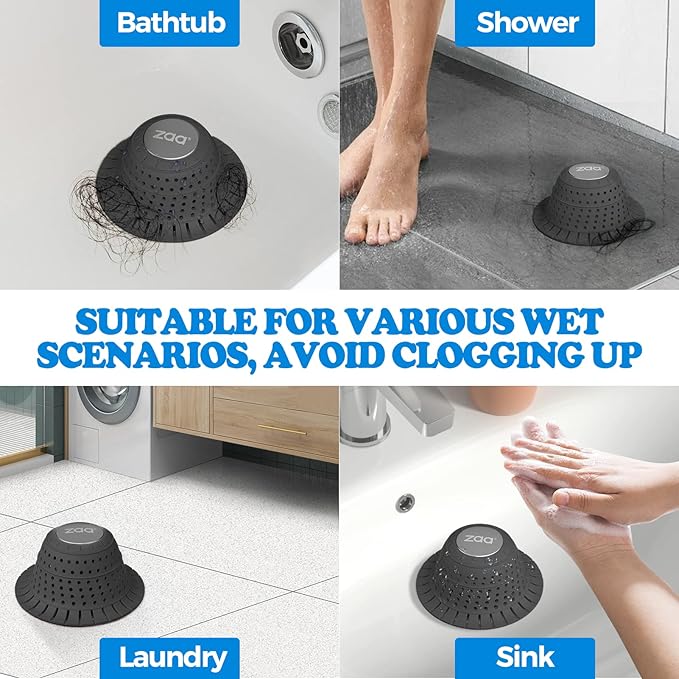 zaa Bathtub Drain Hair Catcher, 2 Pack Silicone Collapsible Bathtub Drain Cover Hair Catcher & Protector for Pop-Up & Regular Drains of Shower, Bathtub, Tub, Bathroom, Sink, Black Black