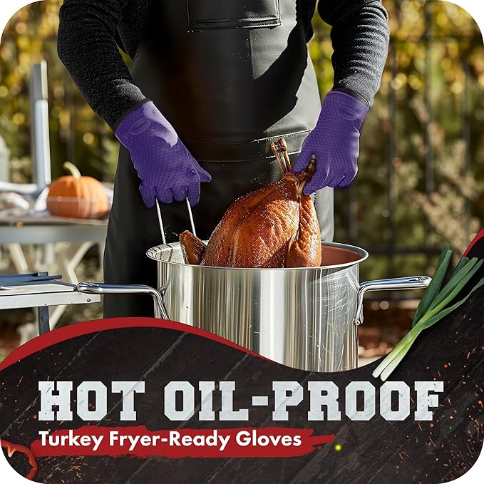 KITCHEN PERFECTION XL Silicone Smoker Oven Gloves -Extreme Heat Resistant BBQ Gloves -Handle Hot Food Right on Your Grill Fryer & Pit | Waterproof Oven Mitts Grill Gloves |Superior Value Set+3 Bonuses
