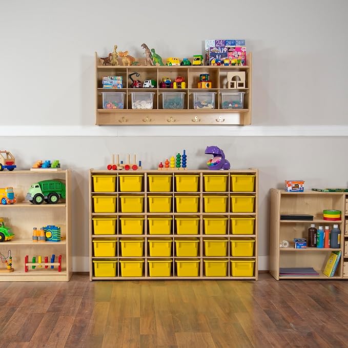 Wood Designs Cubby Storage Bin, Heavy Duty Plastic Containers for Kids Yellow Cubby Tray Set of 12