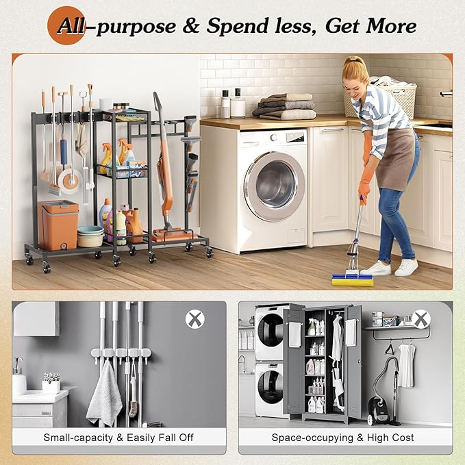 Broom Holder with Cleaning Supplies Organizer, Broom Closet Storage Cabinet with Cleaning Caddy Vacuum Stand, Cleaning Cart with Mop Hanger Gripper Rack Hook, Laundry Room Organization Home Essentials