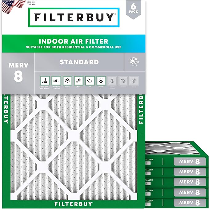 Filterbuy 16x21x1 Air Filter MERV 8 (MPR 700) Dust Defense Replacement (6-Pack), Electrostatic Pleated HVAC AC Furnace Filters, Made in USA (Actual Size: 15.50 x 20.50 x 0.75)