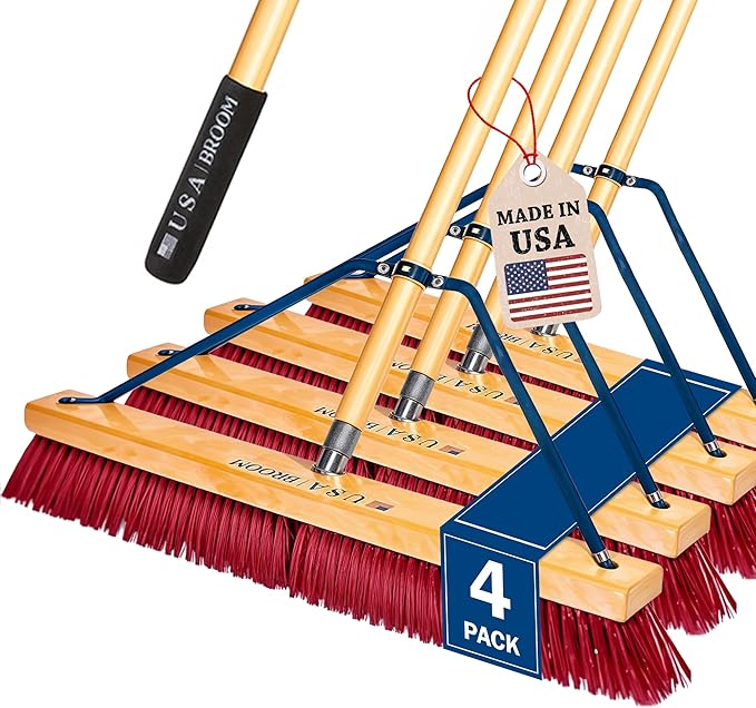 4 Pack Bundle- 24" Soft Sweep Indoor Push Broom with 60" Handle. Ideal for Epoxy & Polished Floors. Durable American Made Steel Brackets-Stainless Steel Hardware. No Plastic. 100% Made in The USA
