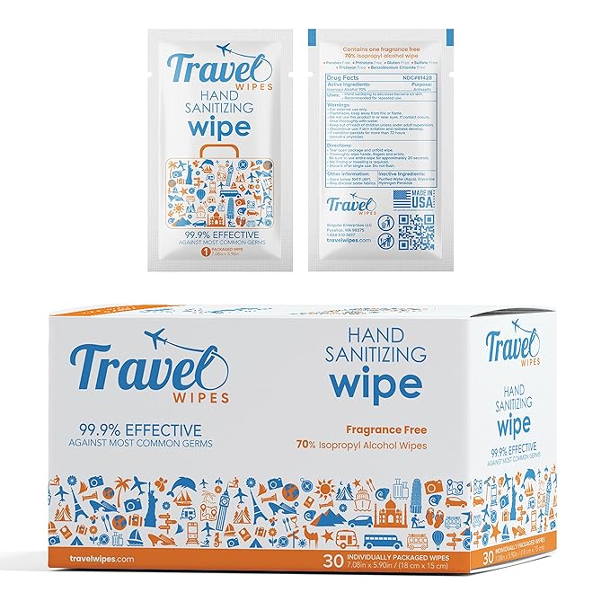 Hand Sanitizing Travel Wipes – 30ct Individually Wrapped | Fragrance-Free, Moisturizing, 70% Isopropyl Alcohol Wipes | Travel, Home, Office, Daily Use | Made in USA