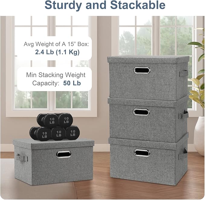 Medium 15" 21 Quart Collapsible Stackable Storage Bins with Lids, 3 Packs Grey Foldable Fabric Closet Boxes Heavy-duty Linen Cube Baskets Container for Bedroom Office (15 x 11 x 8)