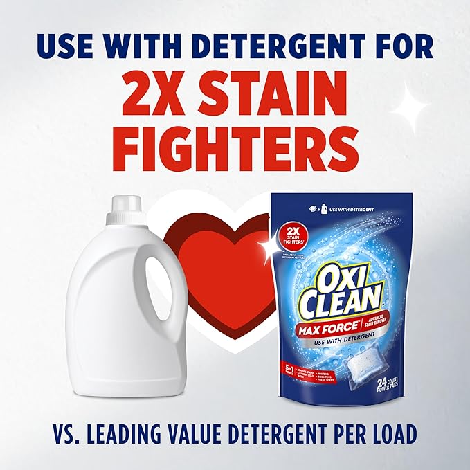 OxiClean Max Force Advanced Stain Remover Power Paks, Use with Detergent to Remove Stubborn Stains, Whiten, Brighten, and Boost Freshness, for All Temps and Washing Machines, 24 count