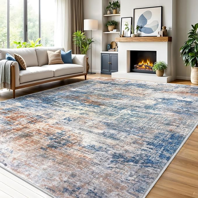 IOHOUZE Abstract Area Rugs 9x12 Ft Washable Large Rugs for Living Room, Non Slip Dining Room Rug, Printed Faux Wool Rugs for Bedroom, Floor Carpet for Office Nursery Playroom, Blue Rust