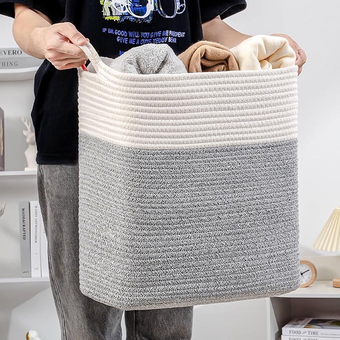 Medium and Large Woven Basket//With Handle, Used for Toys and Fabric Storage Basket used for Storing xl Storage Box, Decorative Storage Box Room (14L*15.7H R Silver Gray, 14L*10W*15.7H)