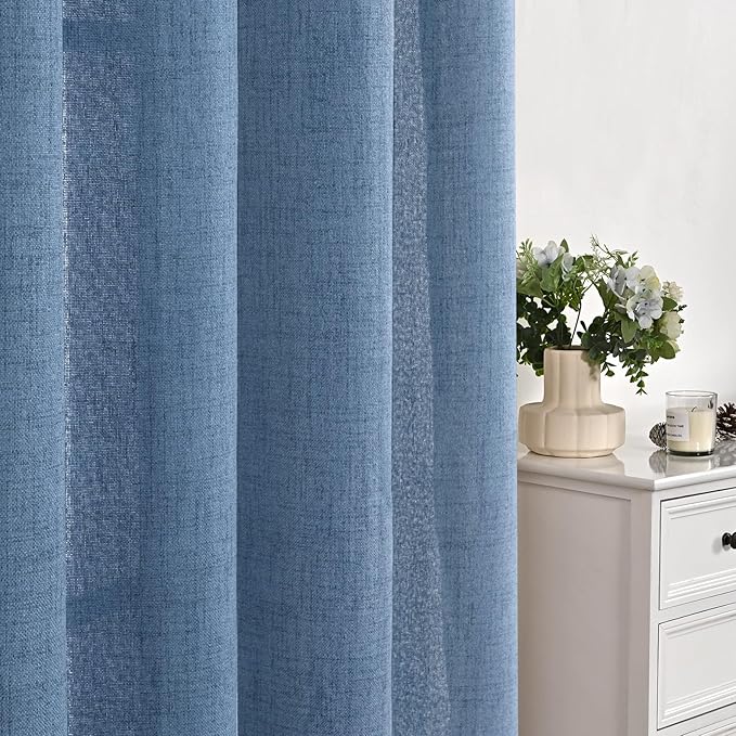 YoungsTex Denim Blue Linen Semi Sheer Curtains 84 Inches Long for Living Room 2 Panels, Light Filtering Drapes with Rod Pocket Back Tab Privacy for Bedroom Dining Room Office, 52 x 84 Inch
