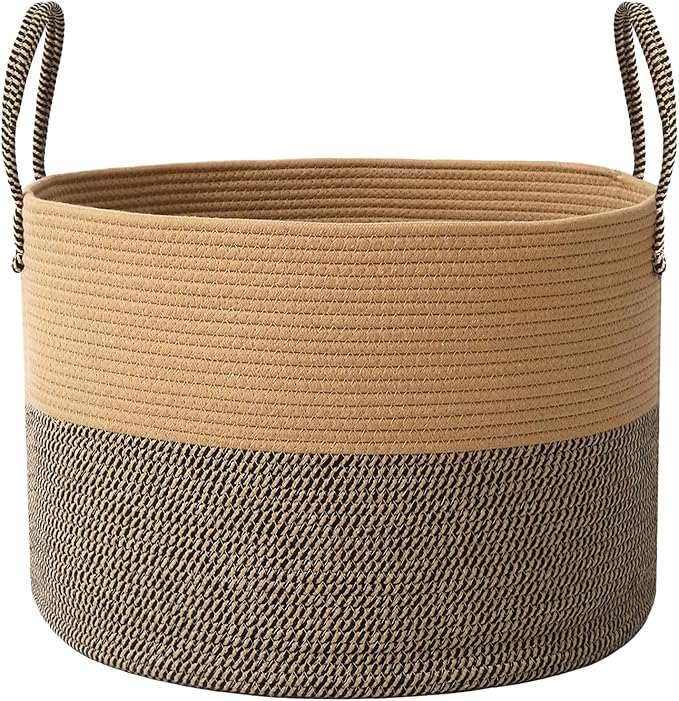 Woven Blanket Basket,115L Large Rope Storage Bin with Handles, Organizer for Blankets Toys Book and Clothes, Laundry Basket for Living Room Bedroom Nursery,Jute&Black