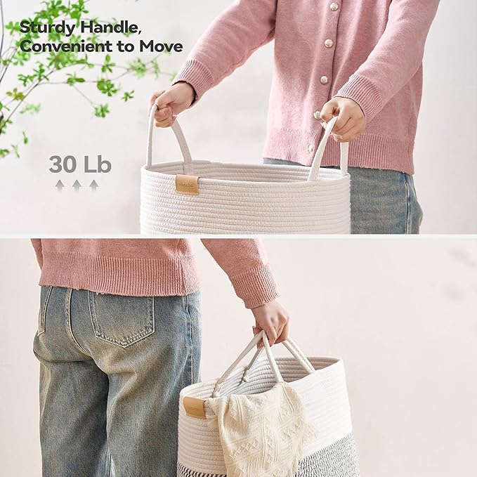 Laundry Hamper 95L,Large Laundry Basket for Clothes,Decorative Storage Basket for Blankets,Cotton Rope Woven basket for bedroom,Grey White