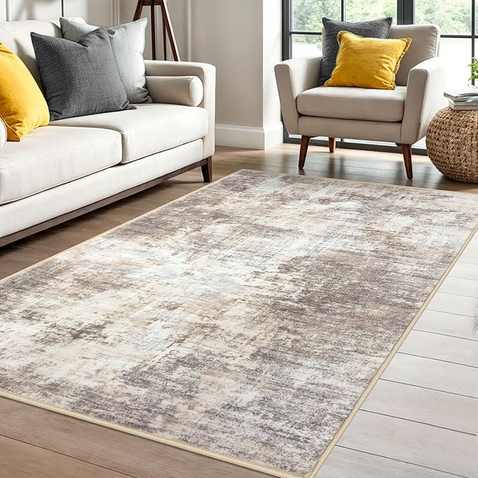 IOHOUZE Abstract Area Rug 4x6 Ft Washable Rugs for Entryway Indoor, Non Slip Small Living Room Rugs Printed Faux Wool Throw Rug, Floor Carpet for Kitchen Nursery Playroom, Beige Brown