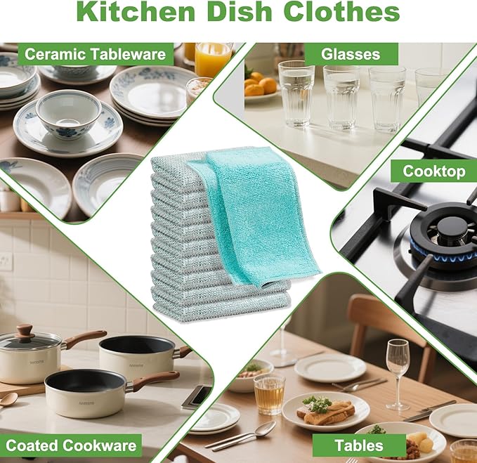 10counts Non Scratch Wire Dishcloth Multipurpose Wire Dishwashing Rag for Washing Dishes,Double Layer Microfiber Cleaning Cloth,Reusable Diamond Weave Steel Wool Scrubber Cloths,Blue