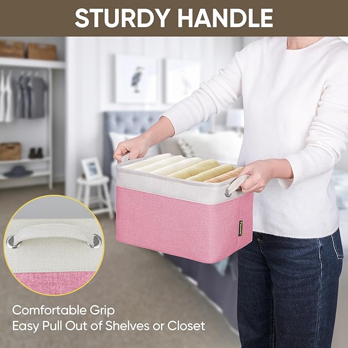 BALEINE 1 Pack Fabric Storage Bins for Shelves, Linen Storage Baskets for Organizing, Decorative Closet Bins for Clothes, Home (Pink, 12"x8"x8")