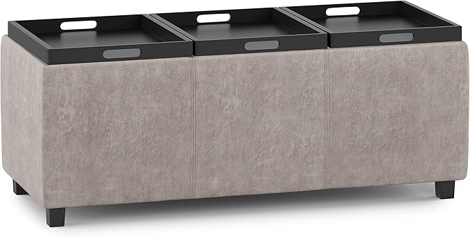 SIMPLIHOME Avalon 42 inch Wide Contemporary Rectangle Storage Ottoman in Distressed Grey Taupe Vegan Faux Leather, Assembled, for the Living Room, Entryway and Family Room