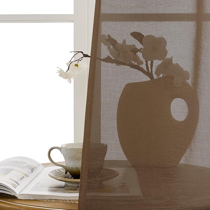 Tollpiz Sheer Curtains Closet Linen Textured Curtain Sheers Doorway Light Filtering Voile French Door Rod Pocket Curtains Patio Glass Door, 54 x 63 inches Long, Brown, Set of 1 Panel