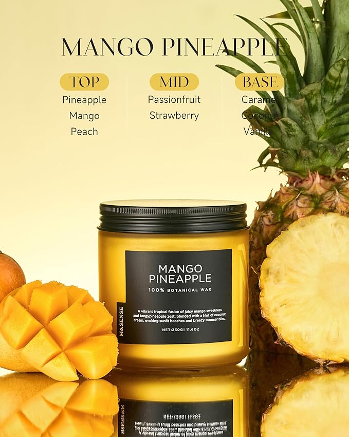 M&SENSE Mango Pineapple Tropical Scented Candle - 11.6oz Natural Soy Wax Non Toxic 70-Hour Burn 2-Wick Fruit Scent for Home, Housewarming Gifts - Aromatherapy Candle for Women, Men & Family Friends