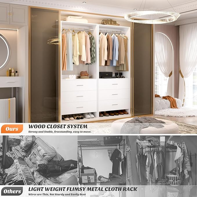 Aheaplus 2FT Closet System with 3 Drawers, 24’’ Closet Organizer, Wood Closet Organizer System, Walk-in Closet or Small Closets Wardrobe, Clothes Rack with Hanging Rods,-E6, White