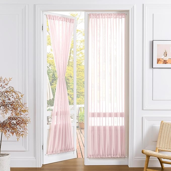 Tollpiz Sheer Door Curtains Closet Linen Textured Curtain Sheers Doorway Light Filtering Voile Patio Glass Door Rod Pocket Curtains French Door, 54 x 80 inches Long, Pink, Set of 1 Panel