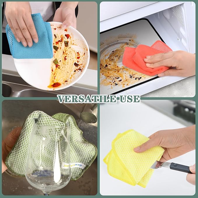 SINLAND Microfiber Dish Cloth for Washing Dishes Dish Rags Best Kitchen Washcloth Cleaning Cloths with Poly Scour Side 5 Color Assorted 7.87inchx7.87inch 20pack