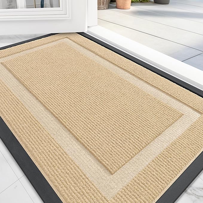 OLANLY Front Door Mat Indoor Outdoor Entrance, Waterproof All-Season, All-Weather Doormat, Sturdy Natural Rubber, Fade Resistant, Low Profile, Easy Clean Patio Porch Entryway Mat, 71x23, Beige