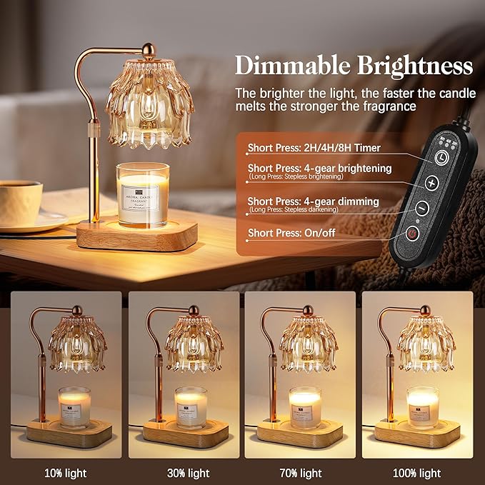 Candle Warmer Lamp with Timer Dimmer, Modern Wax Warmer for Scented Wax Jar Candle Warmer with 2 Bulbs, Adjustable Height Glass Lamp for Gifts for Women, House Warming Gifts, Home Decor, Gold Amber