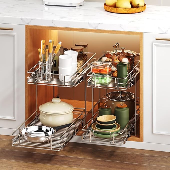 2 Tier Individual Pull Out Cabinet Organizer 11½" W x 21½" D, Heavy Duty Cabinet Pull Out Shelves, Slide Out Drawers Organization for Kitchen Cabinets Bathroom