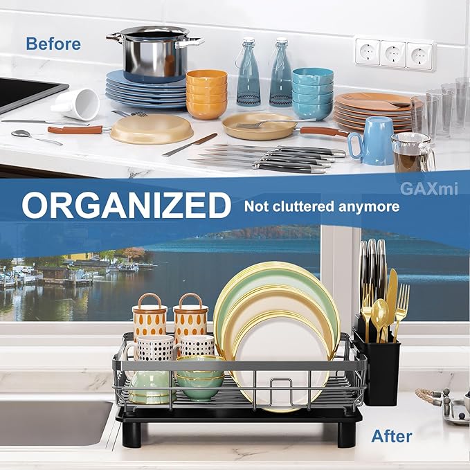 GAXmi Dish Drying Rack Over The Sink Drainer with Drainboard Utensil Holder, 1-Tier Grey