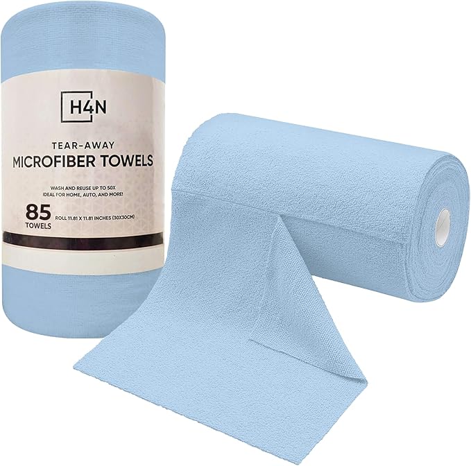 H4N Microfiber Cleaning Cloth Roll, 85 Pack Micro Fiber Wash Cloths for Car, Tear Away Towels, Ultra Absorbent Dish Rags, Non-Abrasive, Reusable and Washable Household Supplies, 11.81" x 11.81", Blue