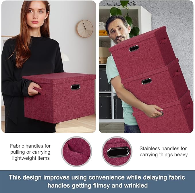 Large 17" 36 Quart Collapsible Stackable Storage Bins with Lids, 3 Packs Bright Red Linen Fabric Closet Boxes with Lids, Storage Cube Baskets Container Organizers for Office (17x12x11)