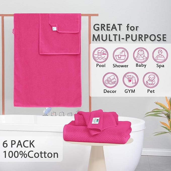 Hot Pink Towels - 100% Cotton, Soft, Quick Dry, Lightweight, Towel Set of 6, 2 Large Bath 30"x56", 2 Thick Hand 18"x28", 2 Absorb Washcloths 13"x13", Pink Bath Towel with Hanging Loop, Luxury Gift Set