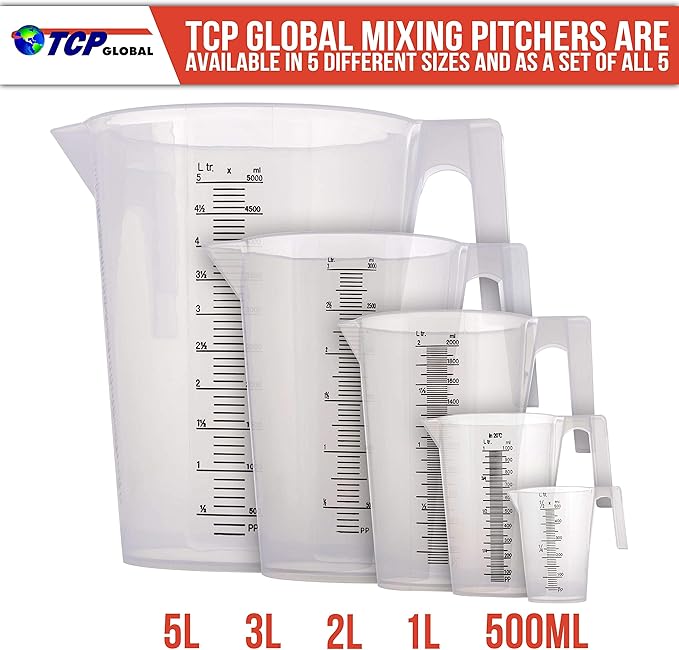 TCP Global 5 Liter (5000ml) Gallon Plastic Graduated Measuring and Mixing Pitcher (Pack of 3) - Holds 5 Quarts 1.25 Gallons- Pouring Cup, Measure & Mix Paint, Resin, Epoxy, Kitchen Cooking Baking