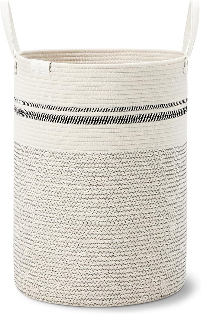 VIPOSCO Tall Laundry Basket, Large Dirty Clothes Hamper with Leather Handle, Woven Rope Storage Basket for Blanket, Toy In Living Room, Bathroom, Bedroom - 58L Stripe White