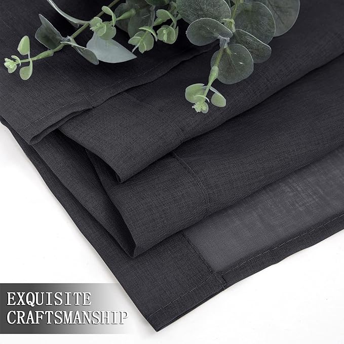 Tollpiz Short Sheer Tier Curtains Linen Textured Half Kitchen Curtain Sheers Light Filtering Rod Pocket Voile Small Curtain for Bathroom, 25 x 24 inches Long, Black, Set of 2 Panels