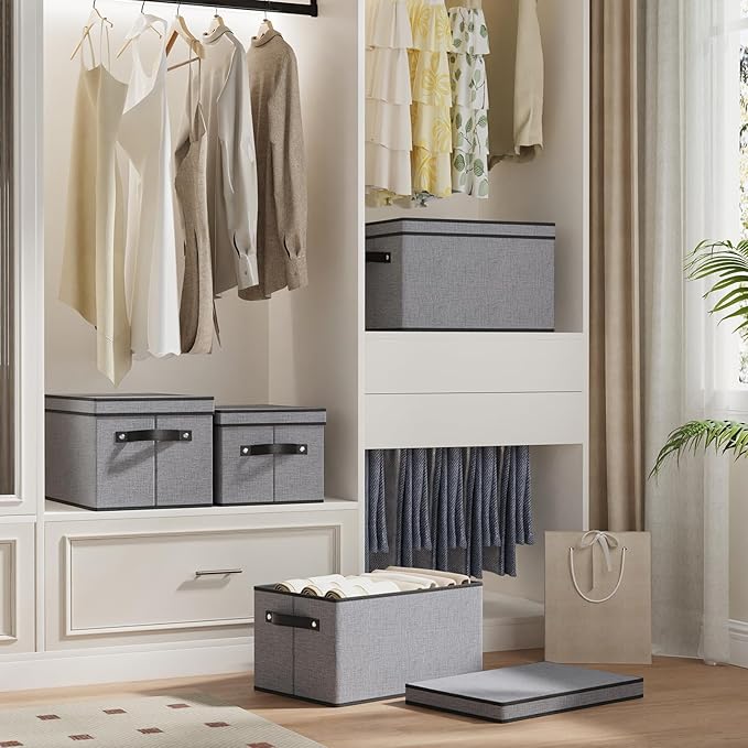 Fabric Storage Boxes, 7.1 x 9.1 x 13 Inch Baskets for Shelves with Lids, Wardrobe Organiser with Handles, Decorative Linen Closet Organizer Bins, Gray, 3 Pack