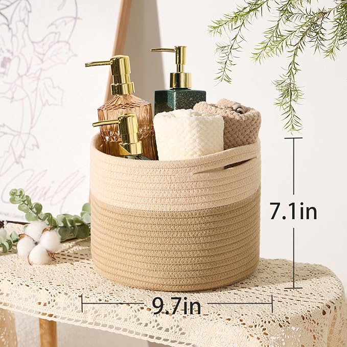 Small Basket for Organizing | Cube Shelf Closet Storage Baskets | 9.7×9.7×7.1” | Woven Rope Gift Basket | Nursery | Round 3 Packs Tan