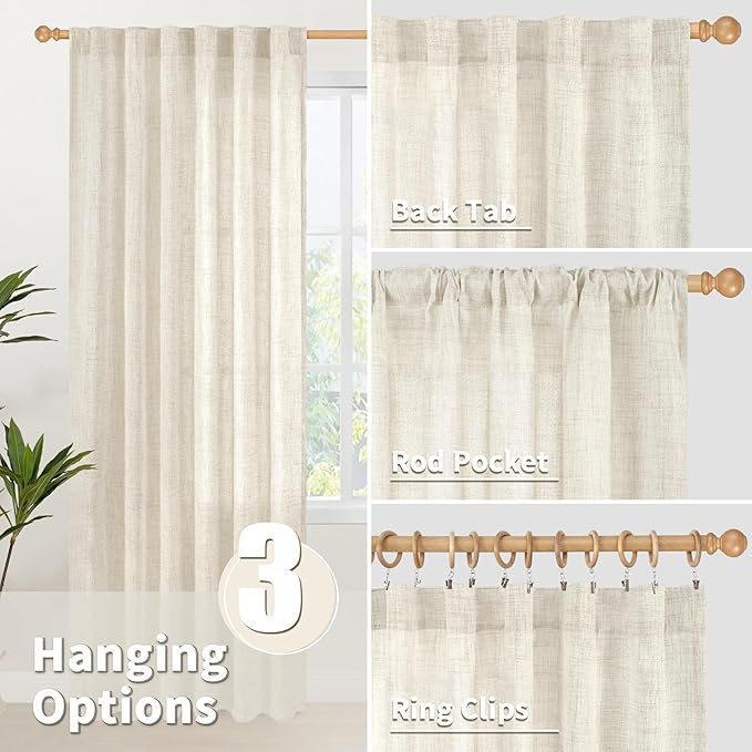 YoungsTex Linen Curtains 54 Inch Length for Kitchen, Light Filtering Semi Sheer Small Window Drapes Rod Pocket Back Tab for Living Room Cafe Farmhouse, Linen, 2 Panels, 42 X 54 Inch